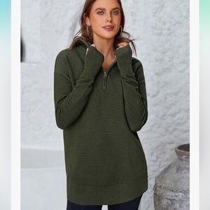 Amazon | Sleeve Quarter Zip Pullover Sweater Collared Ribbed Knit Thumb Hole